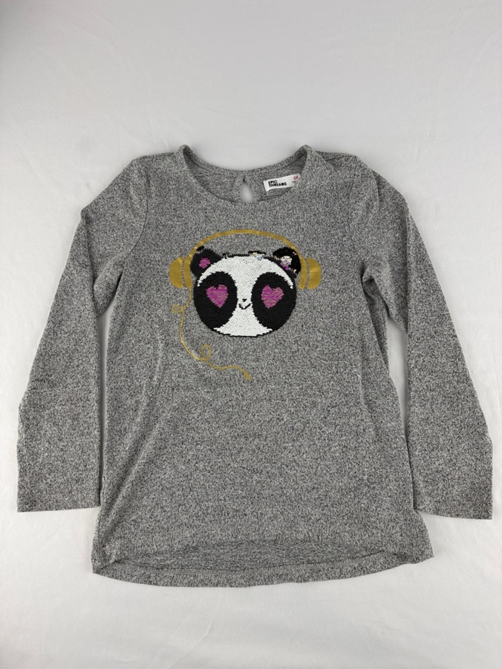 Epic Threads Grey Long-Sleeve Panda Sequin Tee with Gold Headphones